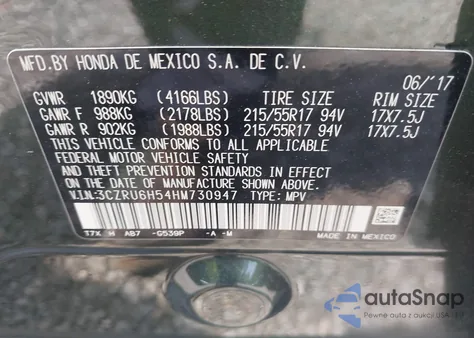 2017 Honda Hr-V Ex z USA, uszkodzony, nr VIN 3CZRU6H54HM730947